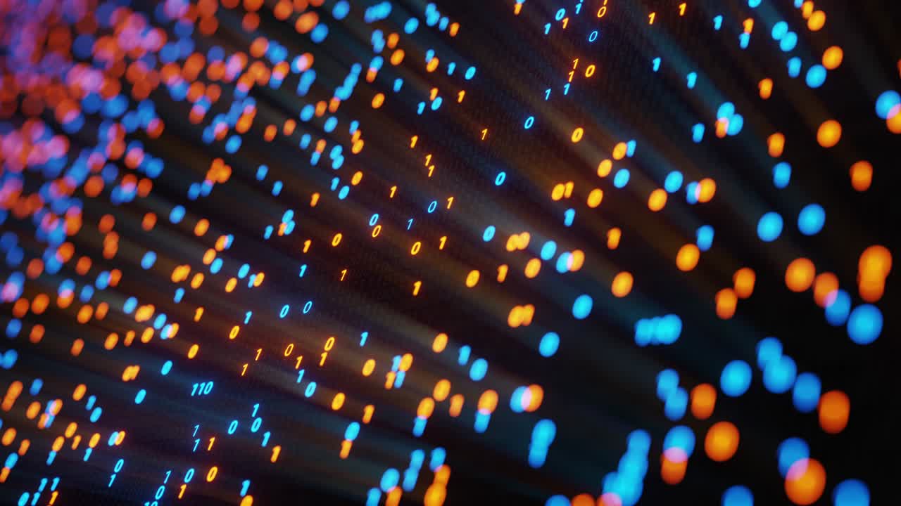 abstract sin costuras azul y naranja código digital binario matriz fondo vj bucle con llamarada.