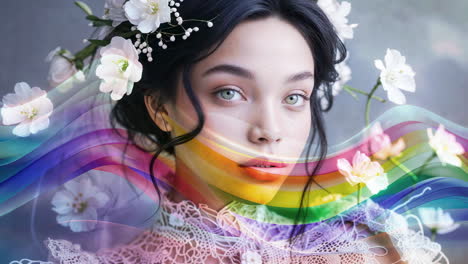 Ethereal Woman with Floral Crown and Rainbow Overlay