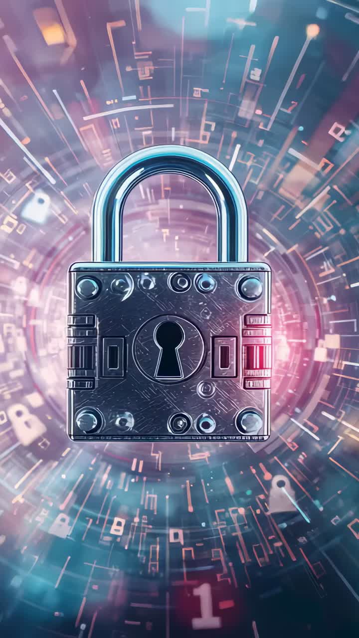 Vertical video: Speeding rings causing metal padlock staying centered at pink core, protecting data