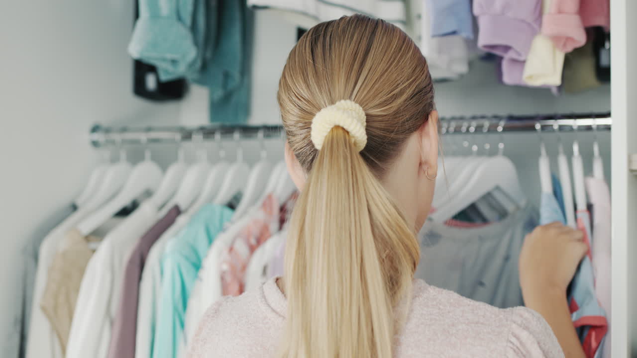 Un'adolescente sceglie un vestito nel camerino. Vista da dietro.
