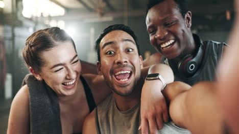 Selfie,-funny-face-and-fitness-with-friends-at-gym