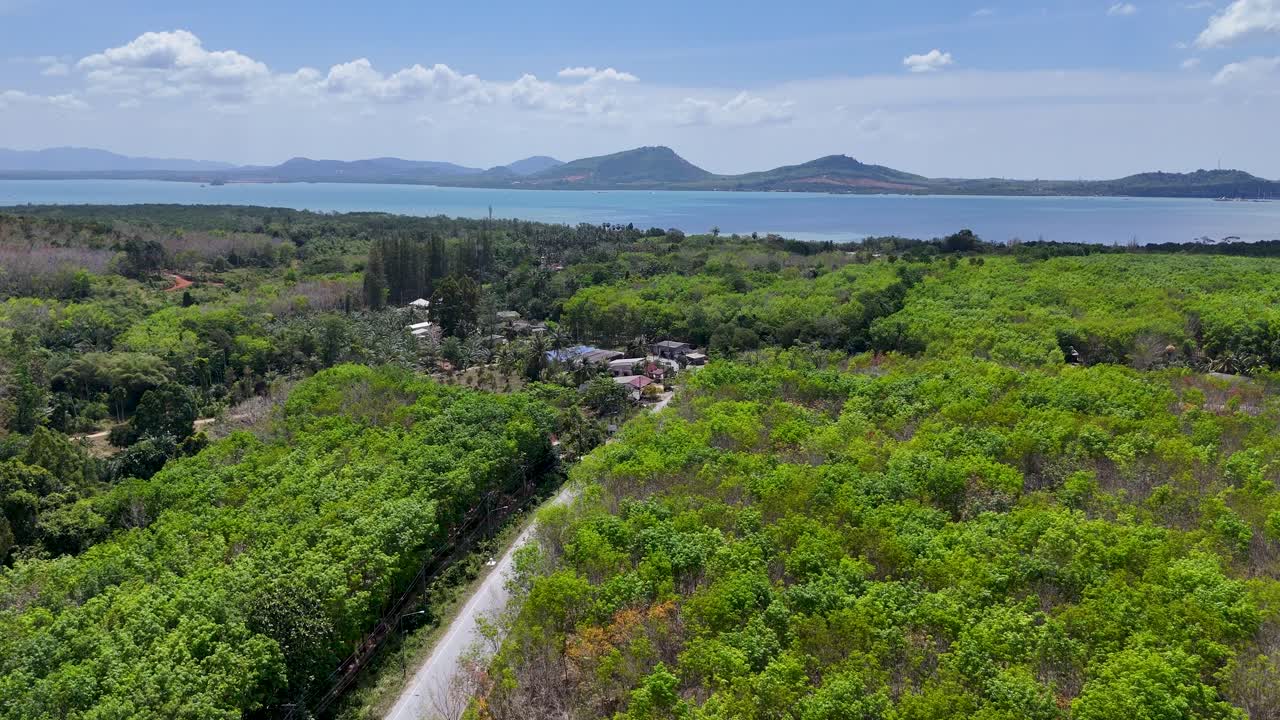 드론 영상은 푸켓 농장의 울창한 초록색과 코코 나무를 포착하여 은 하늘 아래 활기찬 풍경을 보여줍니다.