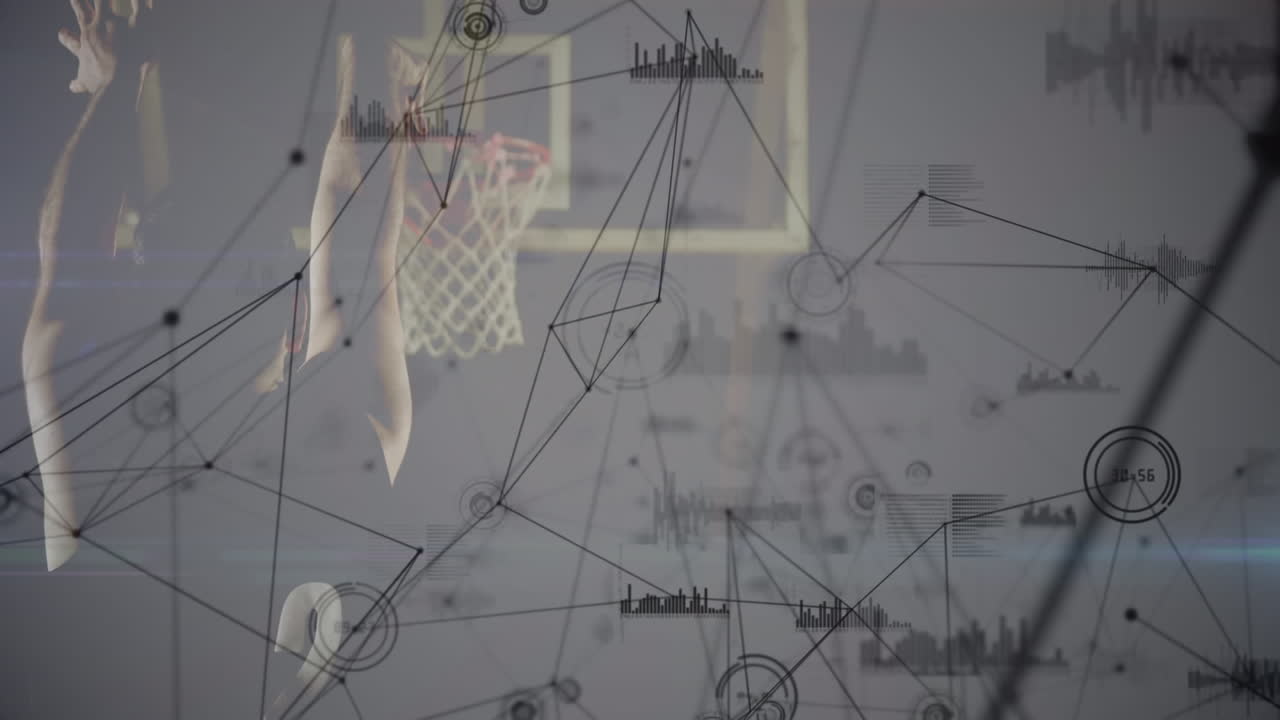 animación de procesamiento de datos, redes de conexiones sobre jugador de baloncesto masculino biracial en el gimnasio