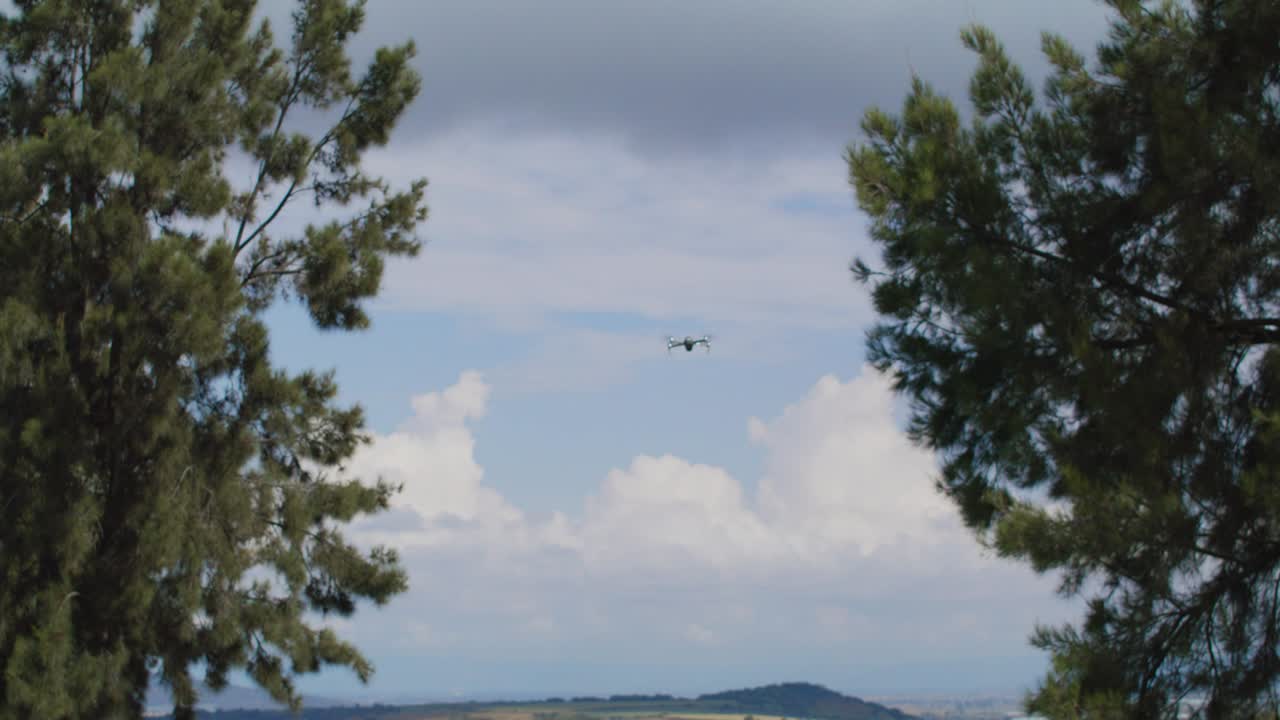 Captivating drone video showcasing a drone gliding over dense forest, framed by trees, under vast sky. Aerial footage captures serene, peaceful mood with lush greenery and open sky