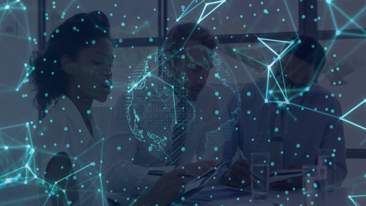 Colleagues writing notes and pointing chart as globe hologram shifts regions for business review