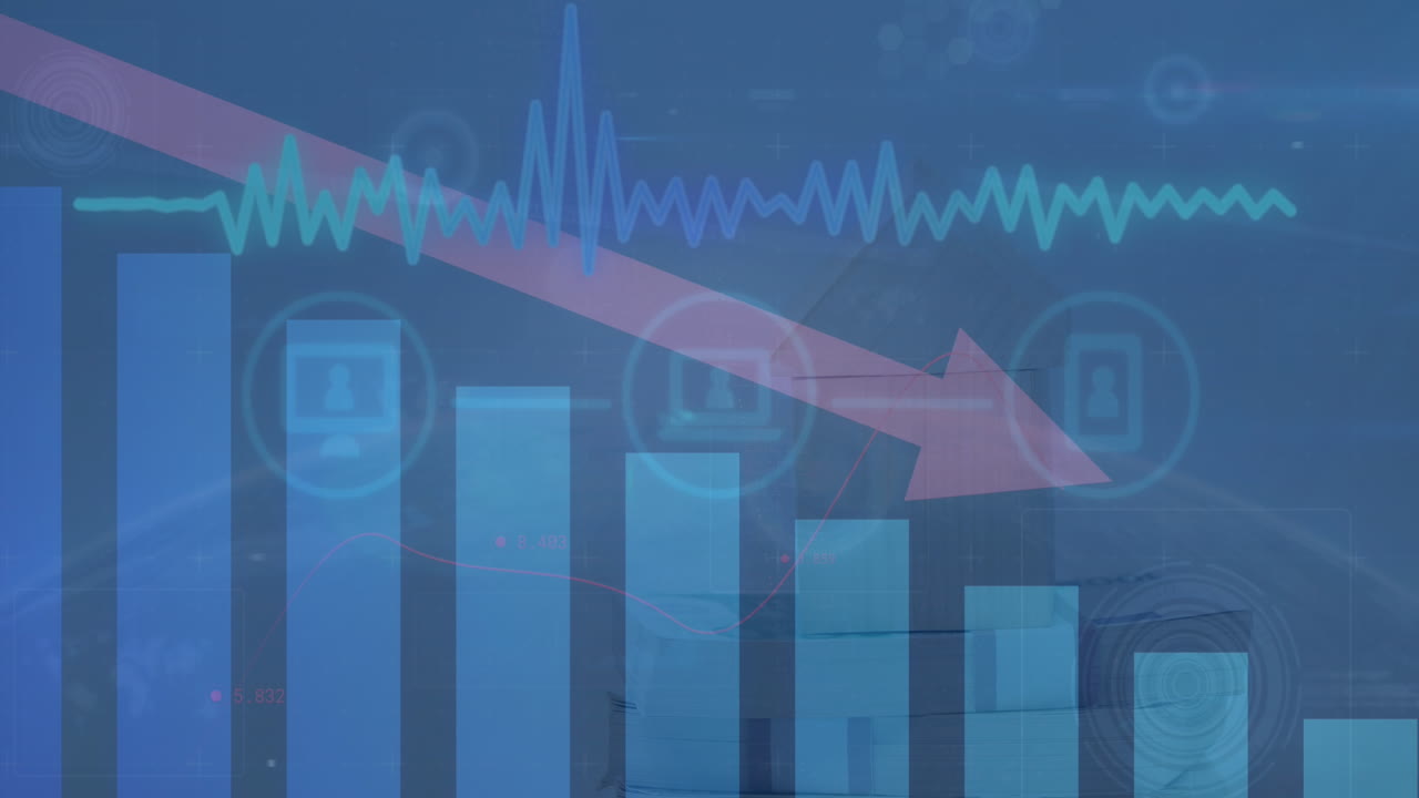 디지털 아이콘 네트워크의 애니메이션과 파란색 배경에 대한 통계 데이터 처리
