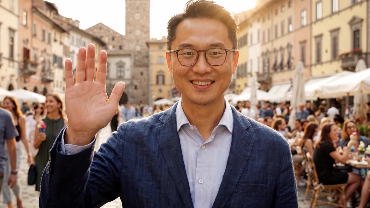 Un uomo sorridente posa con sicurezza in una vivace piazza europea, circondato da persone e architettura affascinante, durante un vibrante tramonto serale.