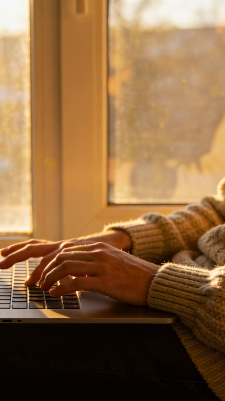 Vertical video: Poised hands moving to typing across laptop keys at window in knit sweater for work