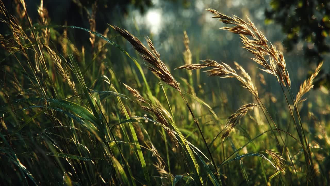 Et fredfyldt landskab med solbeskinnet græs og fine vilde blomster, der indfanger naturens ro i det tidlige morgenlys.