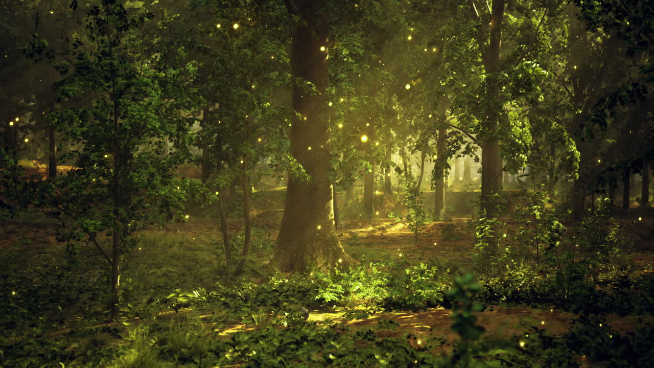 Enchanting forest illuminated by glowing fireflies during twilight hours