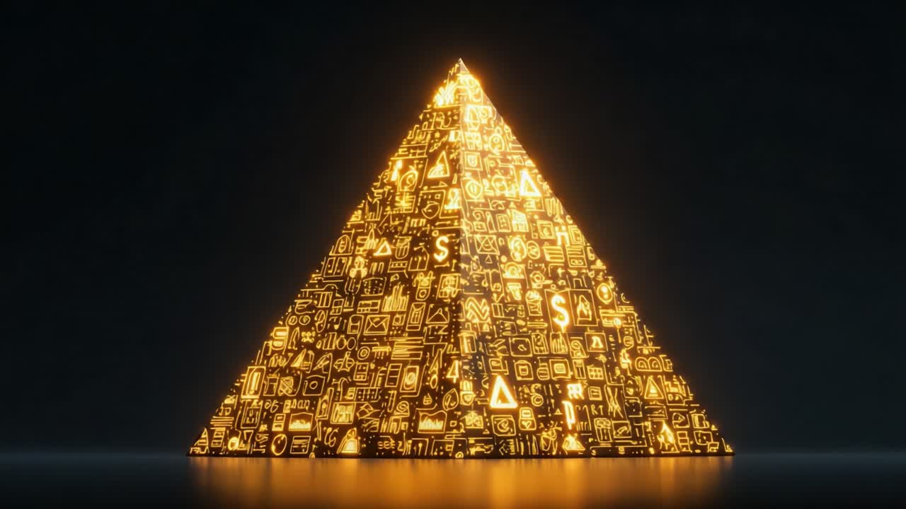 Mystical dark pyramid covered with glowing golden modern symbols and futuristic hieroglyphs pulsating in a rhythmic pattern, representing technology, finance, and ancient knowledge