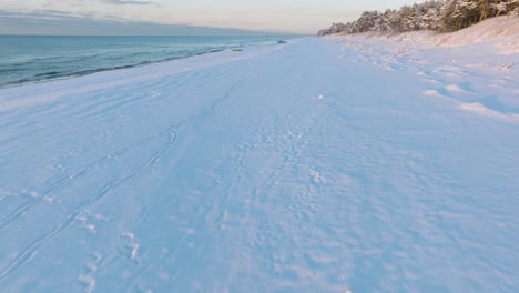 aerial footage of beach covered with snow, sunny winter day before the sunset, golden hour, nordic woodland pine tree forest, baltic sea coast, wide drone shot moving forward low