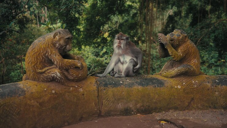 A cinematic wide shot capturing a real long-tailed macaque sitting between two weathered stone monkey statues on a ledge in the Sacred Monkey Forest Sanctuary, Ubud