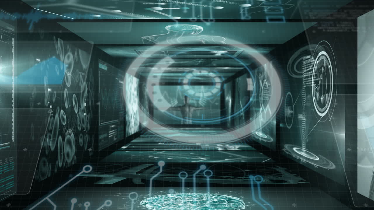 In school, animation of futuristic digital corridor with holographic interface displays