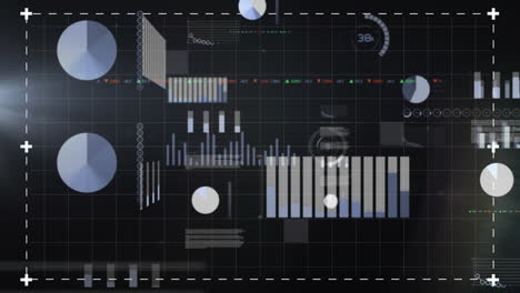 animation of screens with statistical data processing over grid network against black background