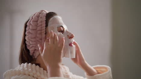 female applies facial mask to face in bathroom. brunette female relaxes doing beauty treatments using cosmetic face mask in shower slow motion