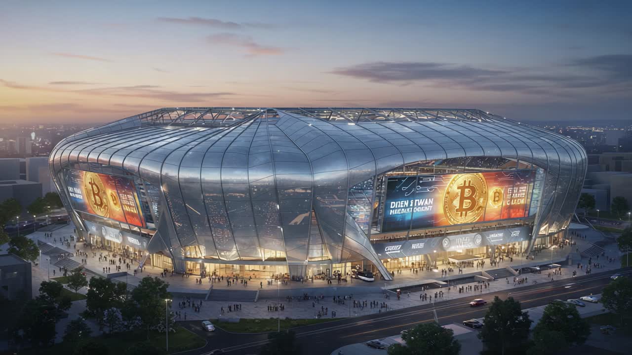 A Stunning Modern Stadium Captured at Dusk, Featuring Striking Architecture and Illuminated Advertising, Highlighting the Vibrant Atmosphere of a Major Event Venue