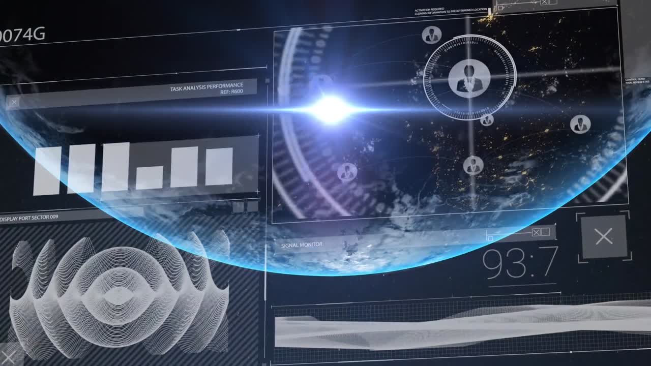 검은 바탕에 있는 빛의 점과 지구에 대한 데이터 처리와 디지털 인터페이스