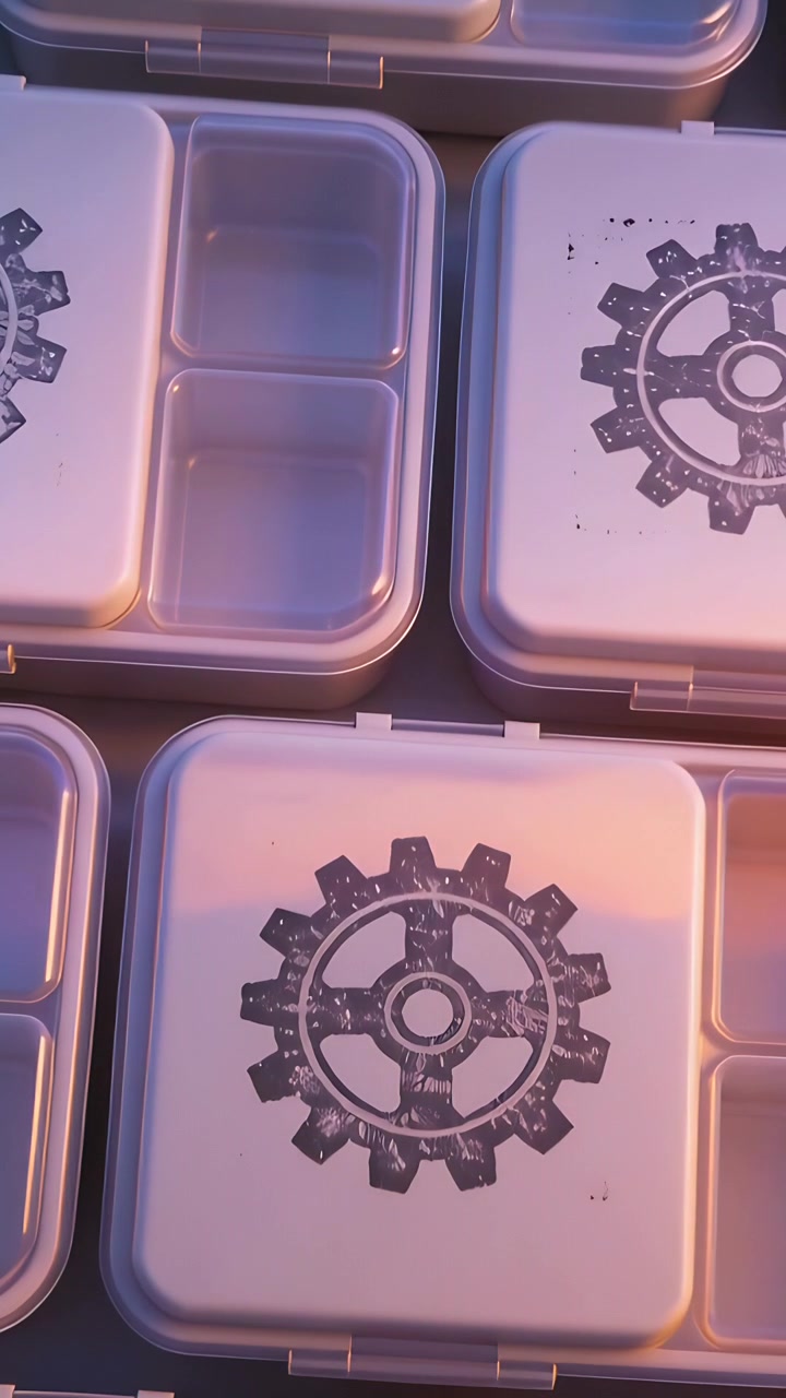 Vertical video: Drifting camera centering gear-emblem lunch boxes with dividers on display