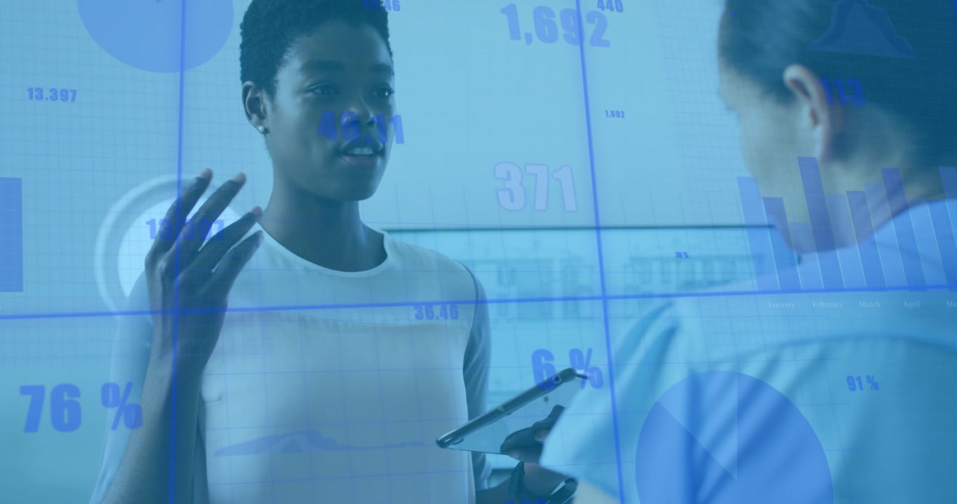 Animation of financial data processing over business people in office