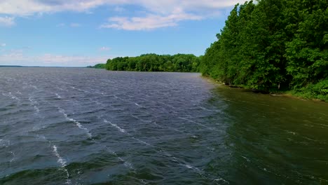 drone footage of the wooded mosquito lake shoreline on a clear day with blue sky and white clouds