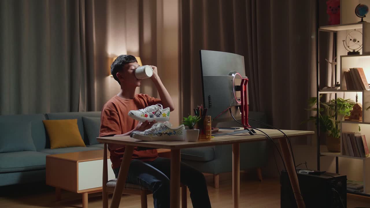 Teenager painting shoes while drinking coffee and using a computer at home