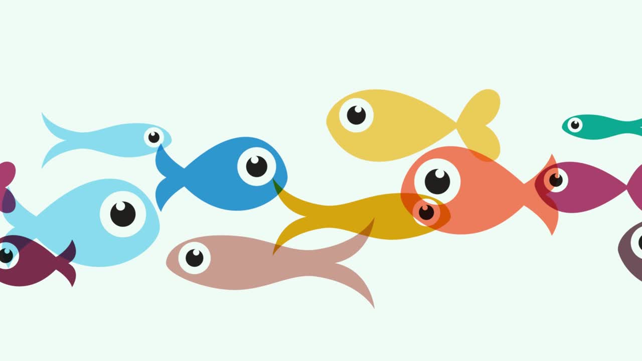 바다 에서 수영하는 물고기, 애니메이션 일러스트레이션, 추상적인 여름 배경