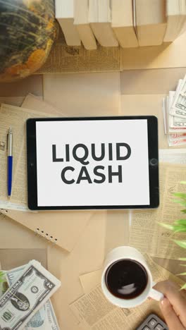 vertical video of liquid cash displaying on finance tablet screen