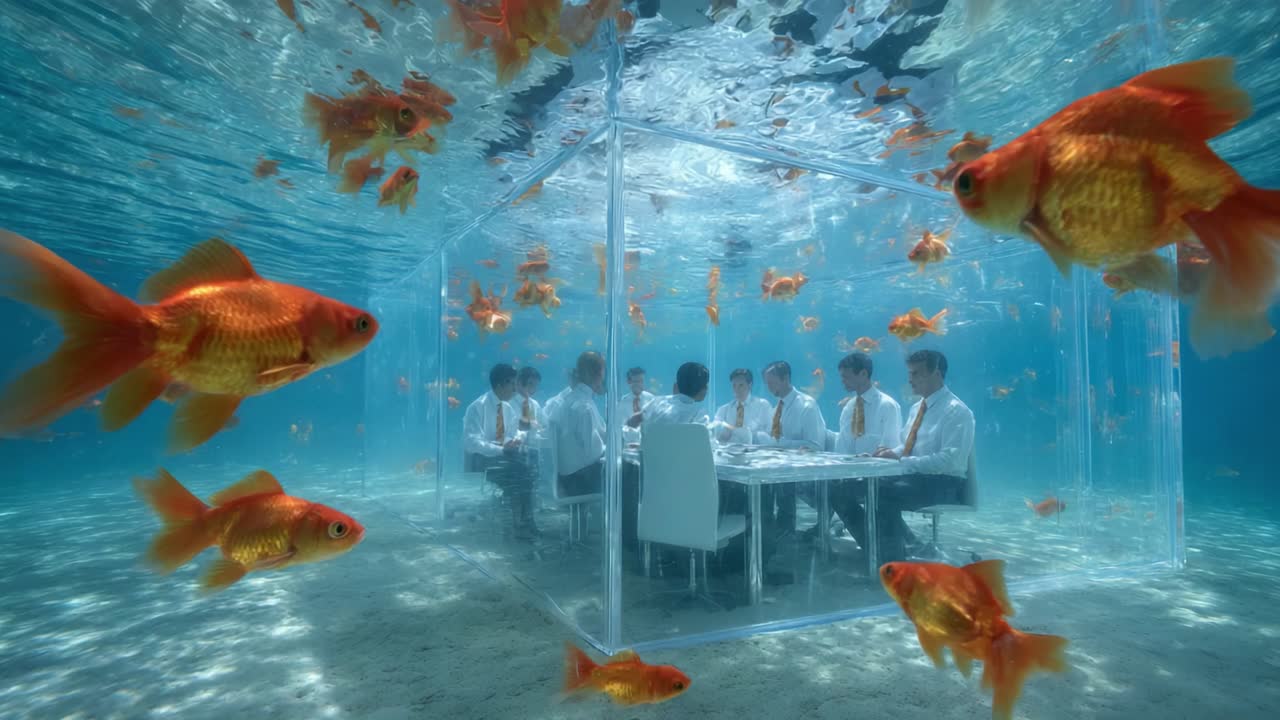 A surreal underwater board meeting: executives inside a transparent cube surrounded by goldfish, creating a unique blend of corporate atmosphere and aquatic tranquility