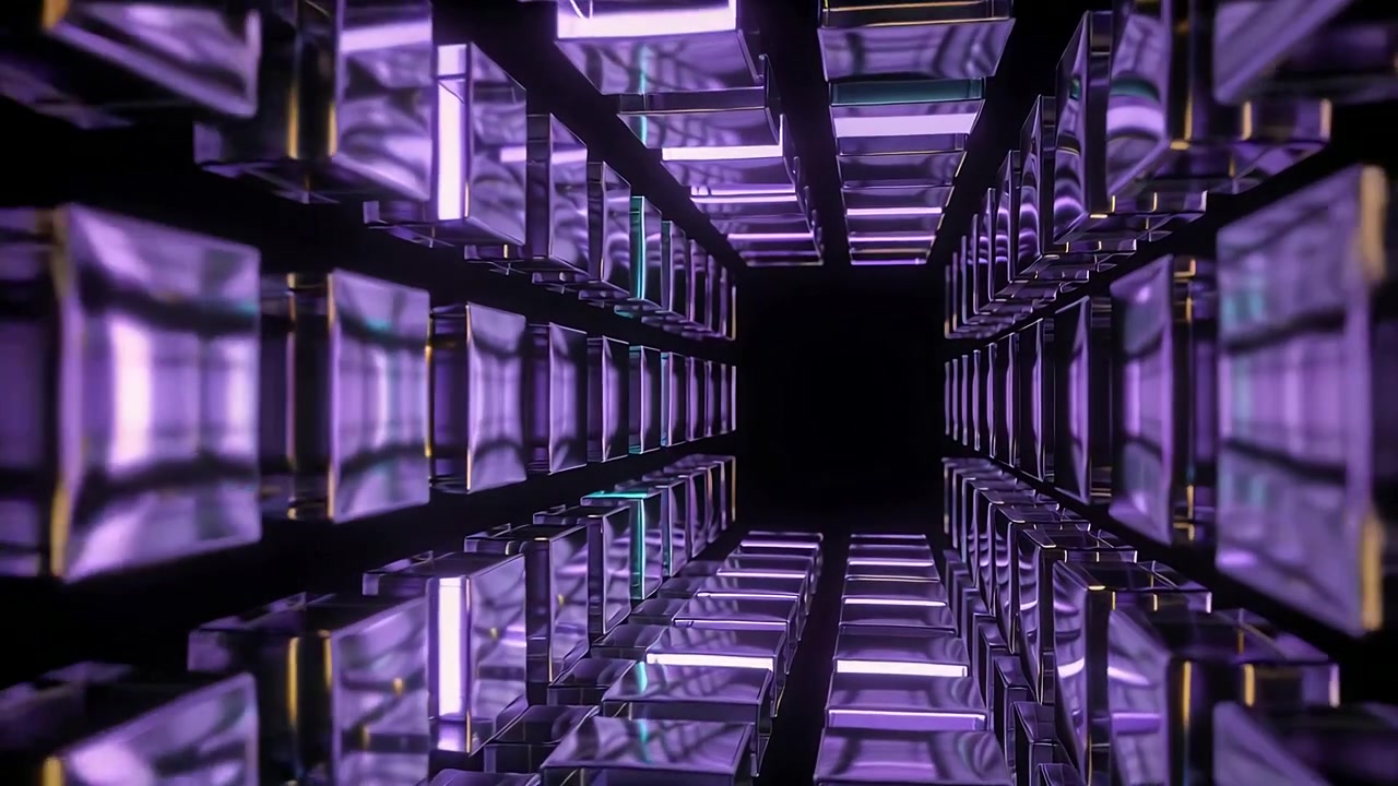 Starting playback, camera pushing through purple cube tunnel toward dark square void, cyan strips