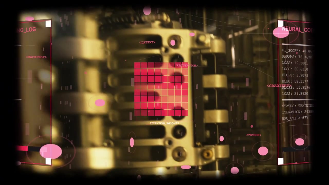 Pulsing red attention grid overlay showing metal assembly in lab while pink HUD markers drifting