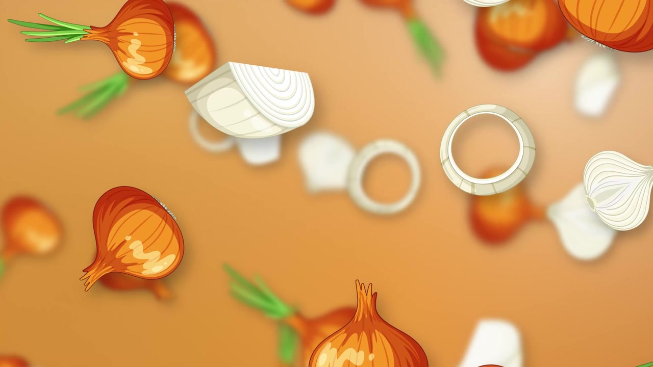 Cebolas estilizadas inteiras, fatiadas e em rodelas caem continuamente contra um fundo de malha laranja quente