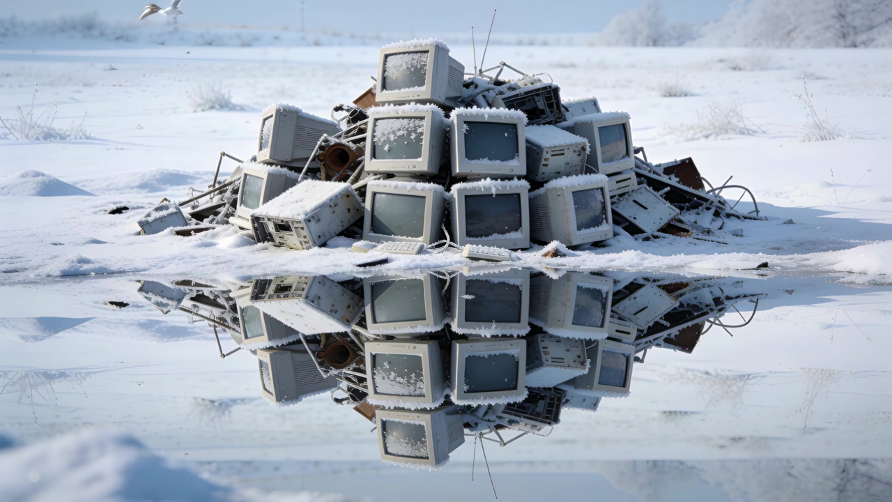 Piramide di monitor CRT, antenne, cavi su una pozza specchiante sulla neve, con gabbiani in volo che creano increspature