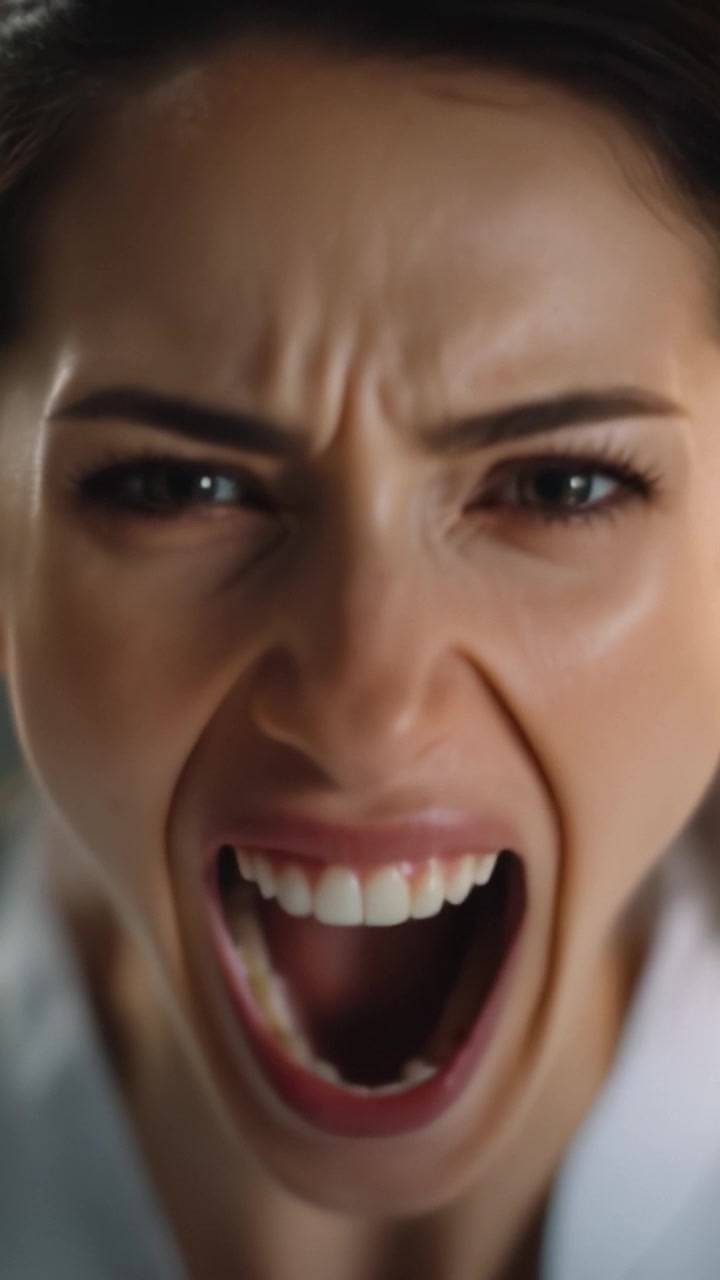 Espressione intensa di rabbia ed emozione: Un primo piano di una donna che urla con passione e forza, catturando sentimenti umani crudi e angoscia