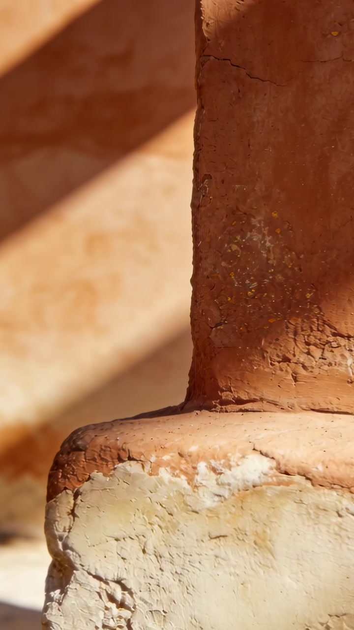 Camera shifting slightly, terracotta column base revealing cracks and salt for architecture study