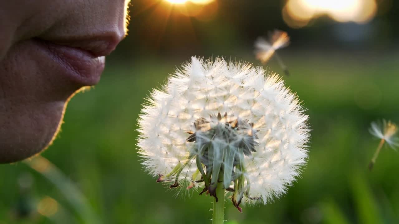 Blowing woman exhaling toward dandelion in meadow at low sun, trying to disperse seeds