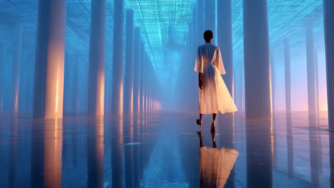 A solitary figure walks gracefully through a mesmerizing corridor of glowing columns, illuminated by an ethereal blue light, creating a dreamlike atmosphere of wonder and introspection