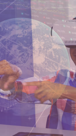 animación del procesamiento de datos sobre un escolar afroamericano con auriculares vr