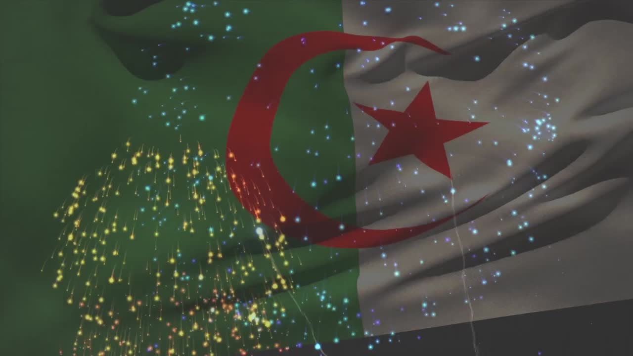 Cezayir bayrağının havai fişekler üzerinde dalgalanması animasyonu