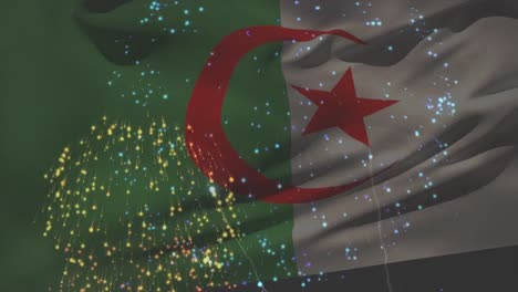 Animation-Der-Flagge-Algeriens,-Die-über-Einem-Feuerwerk-Weht