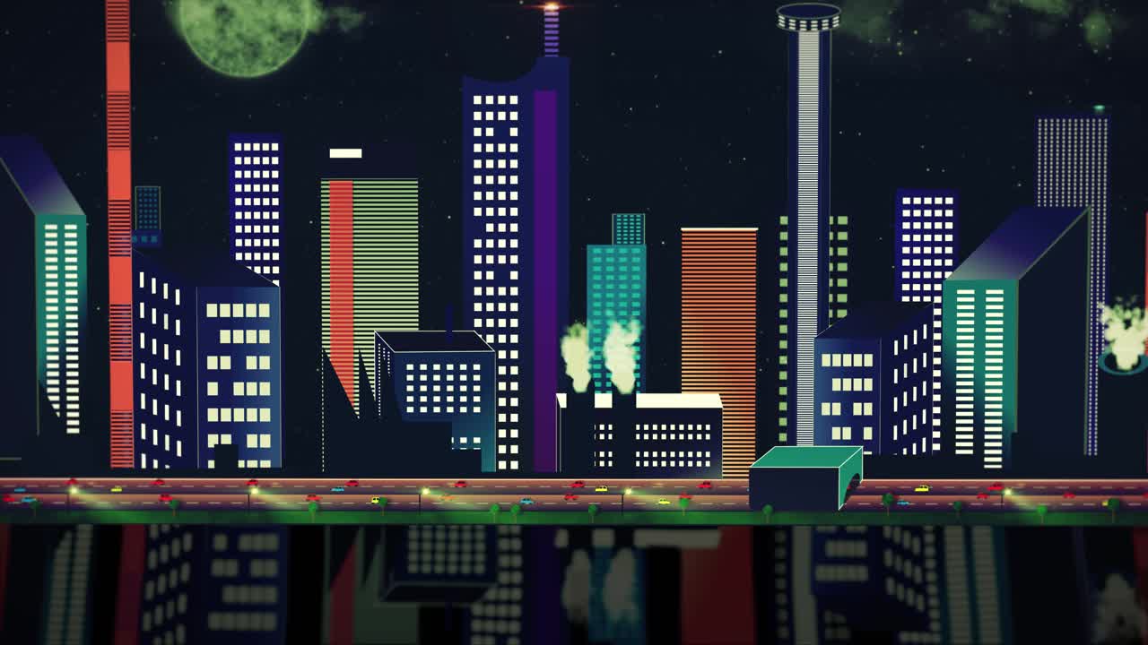 Animated City Skyline in Comic Style - Moving Camera - Place your own Text-Logo