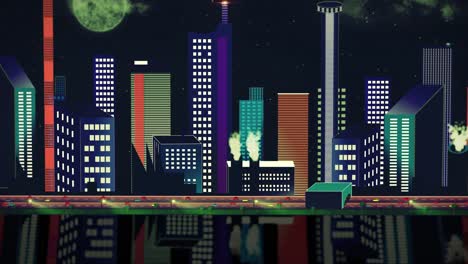 animated city skyline in comic style - moving camera - place your own text-logo