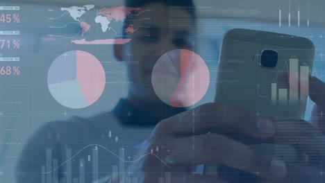 animación del procesamiento de datos financieros sobre el hombre utilizando un teléfono inteligente