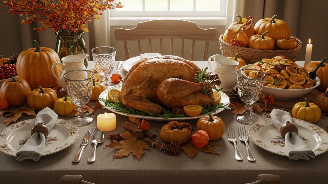 Thanksgiving Dinner Table with Roasted Turkey and Fall Decorations