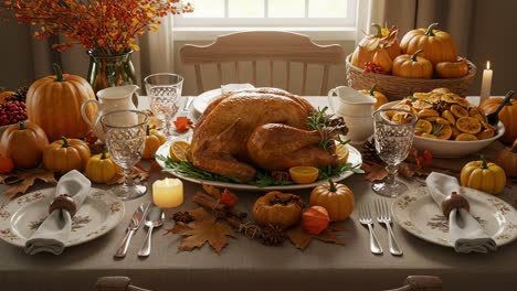 thanksgiving dinner table with roasted turkey and fall decorations