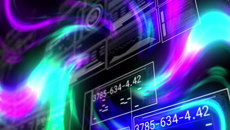 Animation-Mehrfarbiger-Abstrakter-Muster-über-Diagrammen,-Zahlen,-Ladebalken-Auf-Schwarzem-Hintergrund