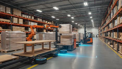 automated warehouse operations: advanced robotic systems handling goods and elevating barricades with efficiency and precision in modern logistics environment