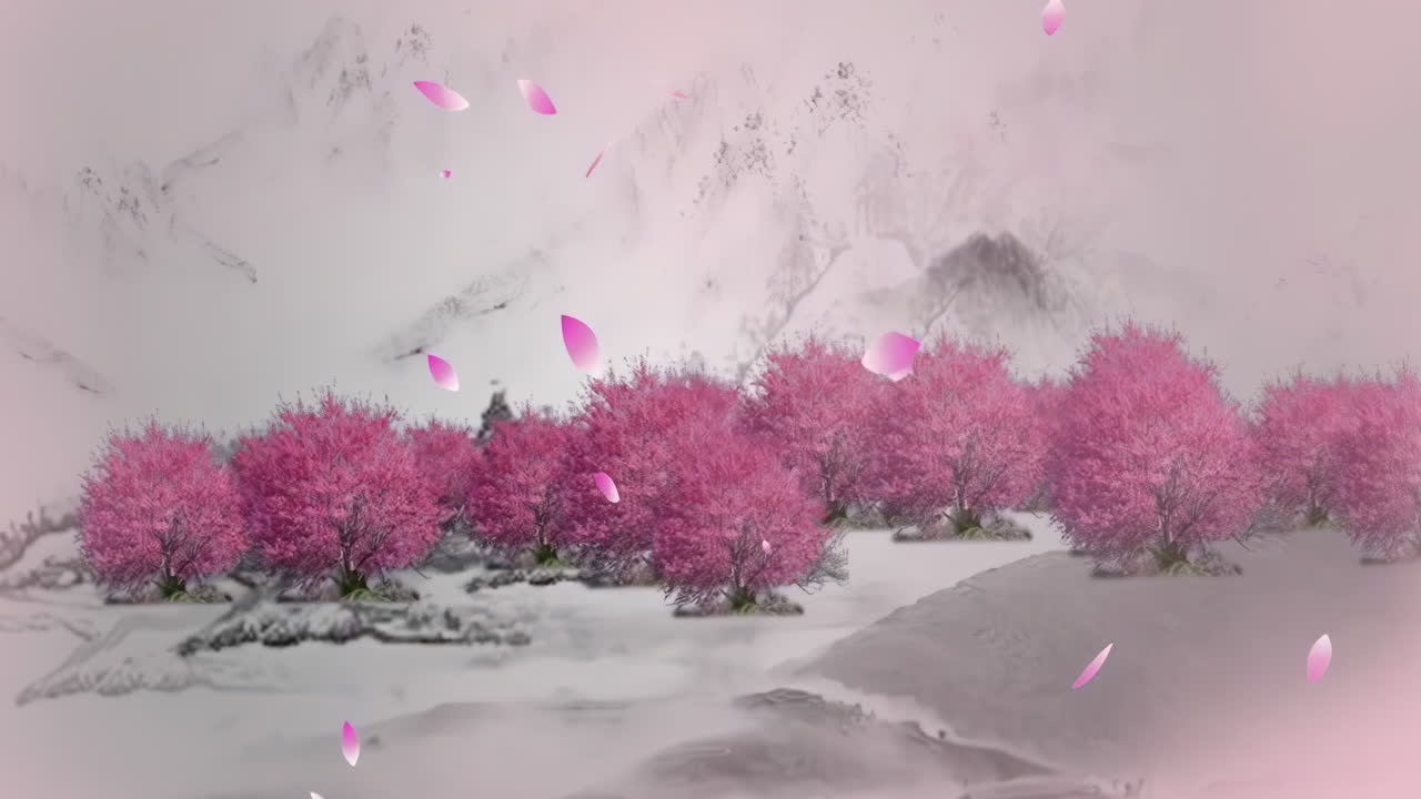 신비로운 풍경: 중국의 전통적인 동양 디지털 예술 애니메이션, 중국 레트로 페인팅 잉크, 꽃, 나무, 새, 흐린 배경의 강