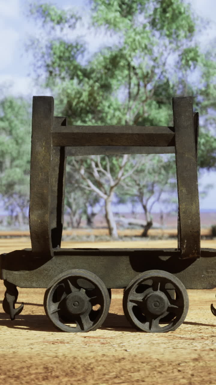 Rustic transport cart resting under the shade of sprawling eucalyptus trees