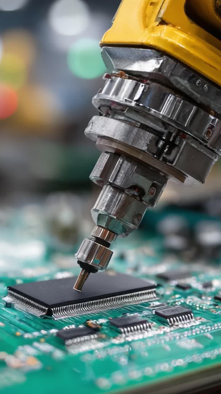 Precision Assembly of Integrated Circuits: A Close-Up View of High-Tech Equipment Installing Chips on a Circuit Board with Meticulous Skill and Detail
